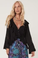 Zibiya Women's Black Ruffled Bell-Sleeve Blouse