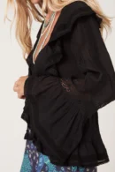 Zibiya Women's Black Ruffled Bell-Sleeve Blouse
