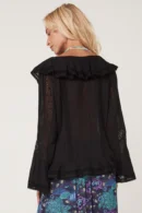Zibiya Women's Black Ruffled Bell-Sleeve Blouse