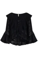 Zibiya Women's Black Ruffled Bell-Sleeve Blouse
