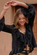 Zibiya Women's Black Ruffled Bell-Sleeve Blouse