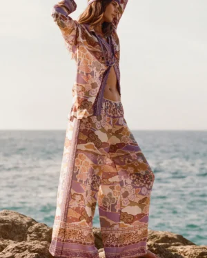 Zibiya Women's Bohemian Print Tie-Front Blouse & Wide-Leg Pants Set