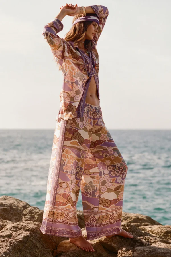 Zibiya Women's Bohemian Print Tie-Front Blouse & Wide-Leg Pants Set