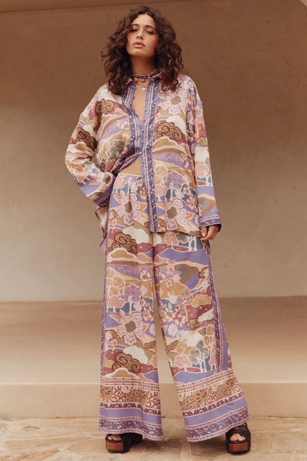 Zibiya Women's Bohemian Print Tie-Front Blouse & Wide-Leg Pants Set - Image 2