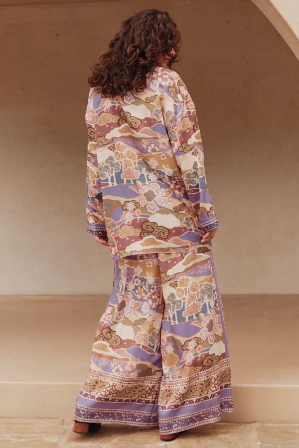 Zibiya Women's Bohemian Print Tie-Front Blouse & Wide-Leg Pants Set - Image 3
