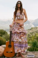 Zibiya Women's Bohemian Print Tiered Maxi Skirt
