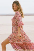 Zibiya Women's Bohemian Floral Print Mini Dress with Kimono Sleeves