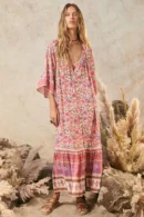 Zibiya Women's Bohemian Floral Print Mini Dress with Kimono Sleeves