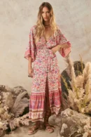 Zibiya Women's Bohemian Floral Print Mini Dress with Kimono Sleeves