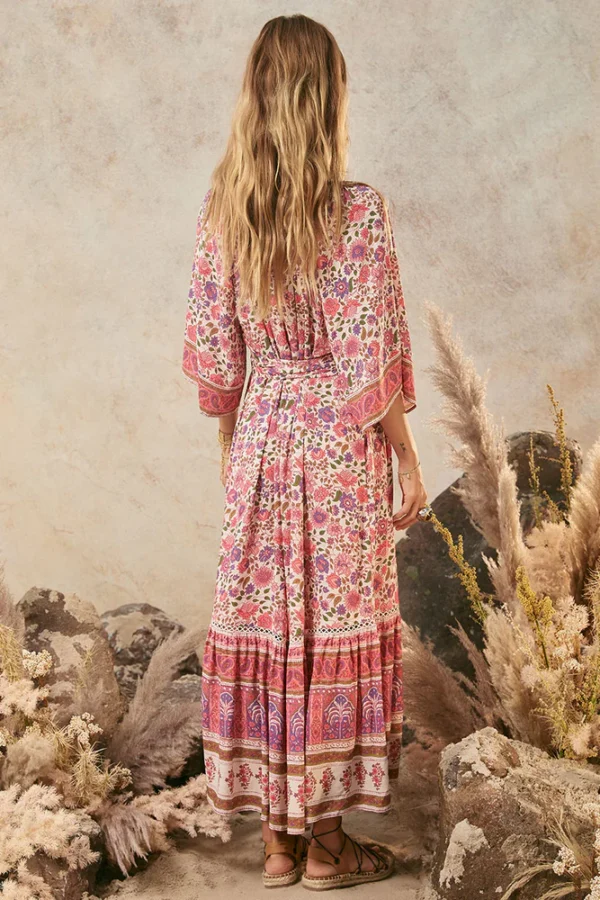 Zibiya Women's Bohemian Floral Print Mini Dress with Kimono Sleeves - Image 5