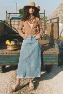Zibiya Women's Ribbed Cardigan & Denim Midi Skirt Set