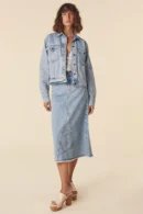 Zibiya Women's Ribbed Cardigan & Denim Midi Skirt Set