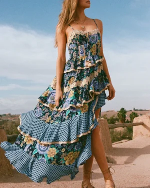 Zibiya Women's Bohemian Mixed-Print Ruffled Maxi Dress