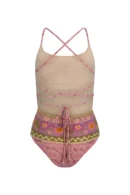 Pink Floral Print Lace-Up One-Piece