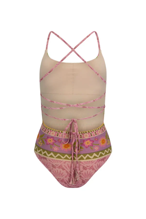 Pink Floral Print Lace-Up One-Piece - Image 5