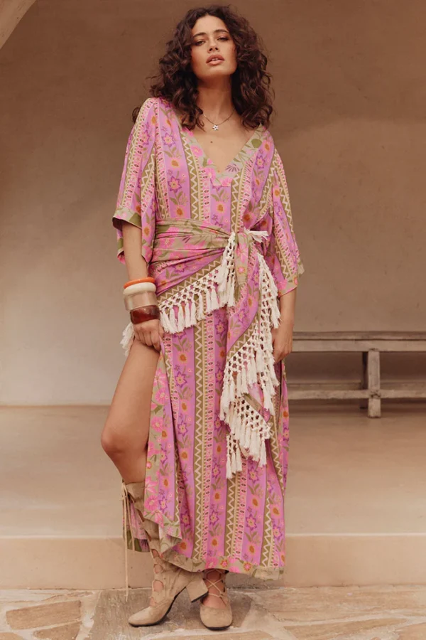Pink Floral Fringe Kimono & Skirt Set - Image 3