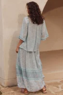 Zibiya Women's Bohemian Floral Kimono Top & Slit Maxi Skirt Set