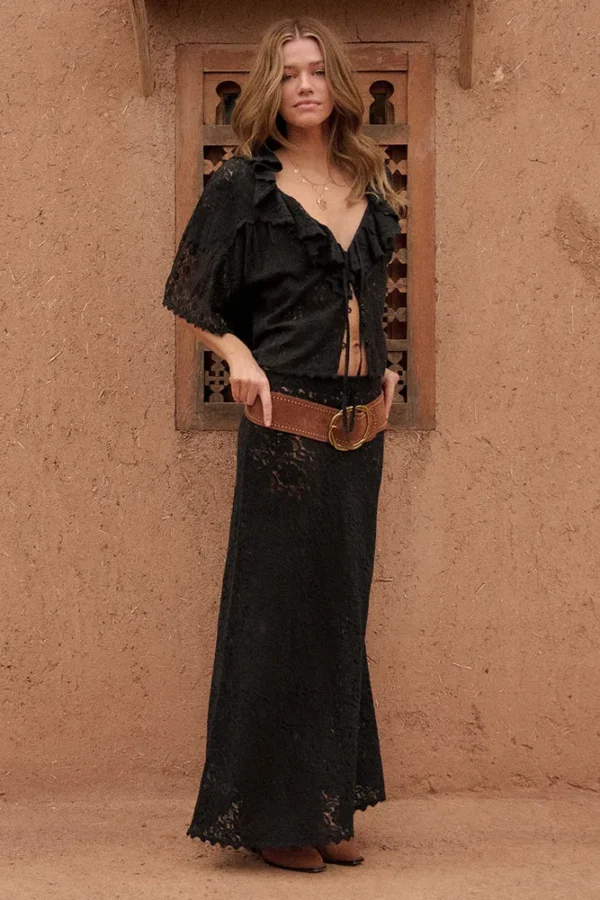 Zibiya Women's Black Lace Maxi Skirt